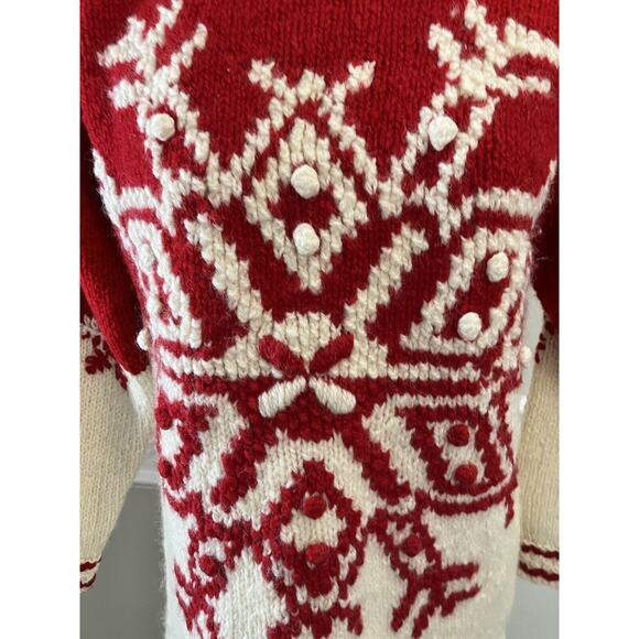 Vtg Express Tricot Pullover Cream red Snowflake 100% Wool Sweater 90s Sz Small - Picture 2 of 6